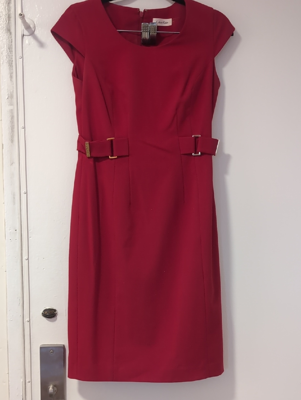 Calvin Klein Scarlet Cap-Sleeve Sheath Dress with Waist Accents